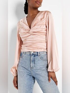 Express Satin Twist Front Open Back Long Sleeve Blush Crop Top Size S